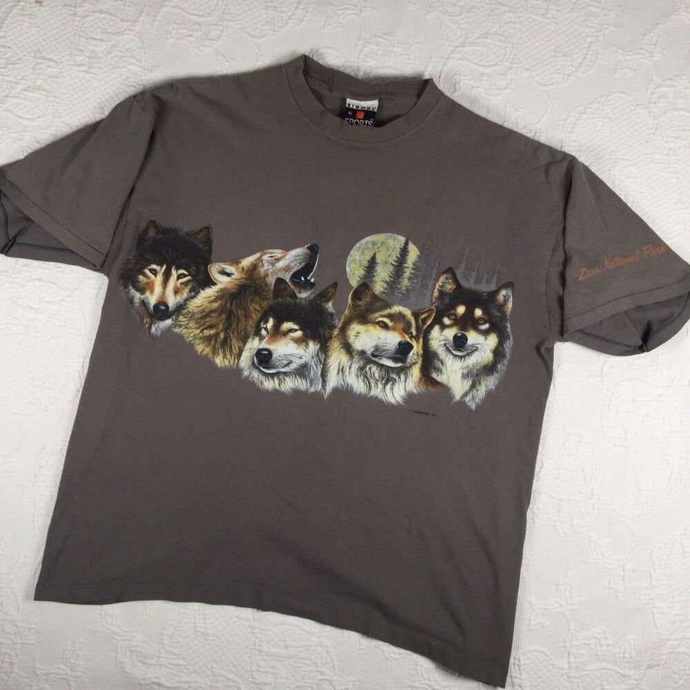 90s Vintage Wolf Pack Howling Moon Mens XL Grey Graphic Shirt